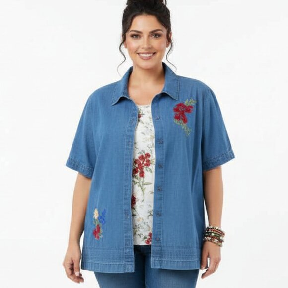 Ms. Lee 3X Blue Denim Shirt - 2 PC Look w/ Colorful Embroidery 100% Cotton - Picture 3 of 4